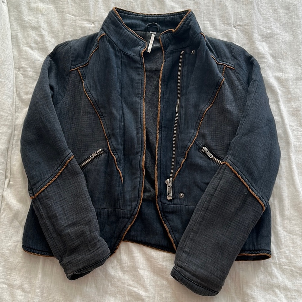 Free People Black Jacket with Brown Stitching